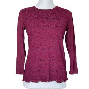 J Crew Lace Top XS Crochet Eyelash Scalloped 3/4 Sleeve Eggplant Purple Burgundy